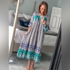 Boho Floral Maxi Dress in Teal and Blue - Lightweight Women's Dress